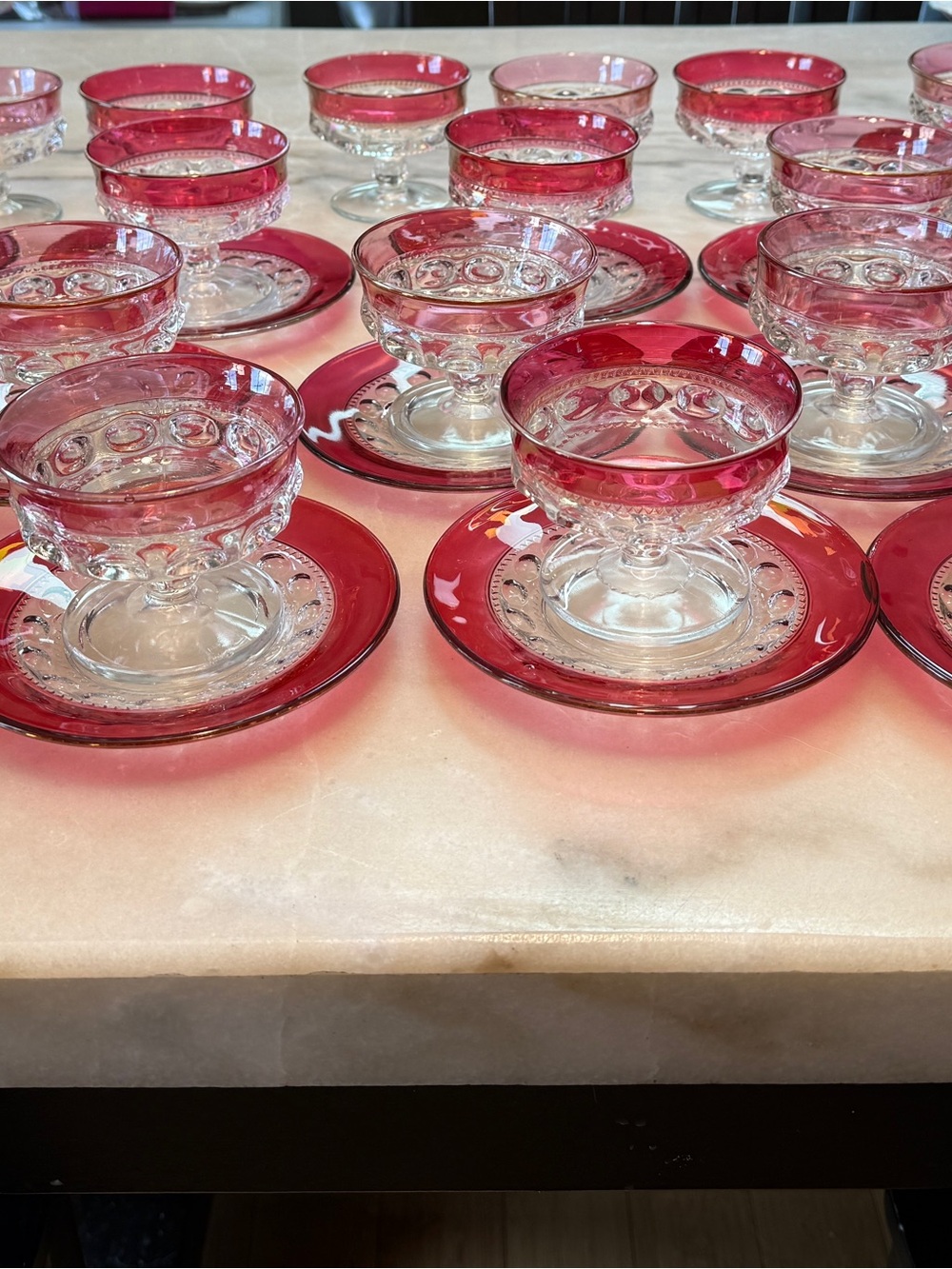 Clear Glass Dessert Cups with Ruby Red Trim - Set of Footed Bowls and Saucers